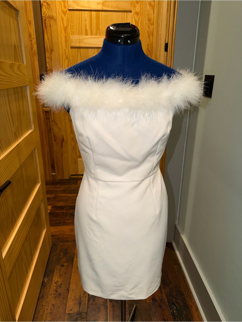 Gianni Bini feather neckline white mini dress
